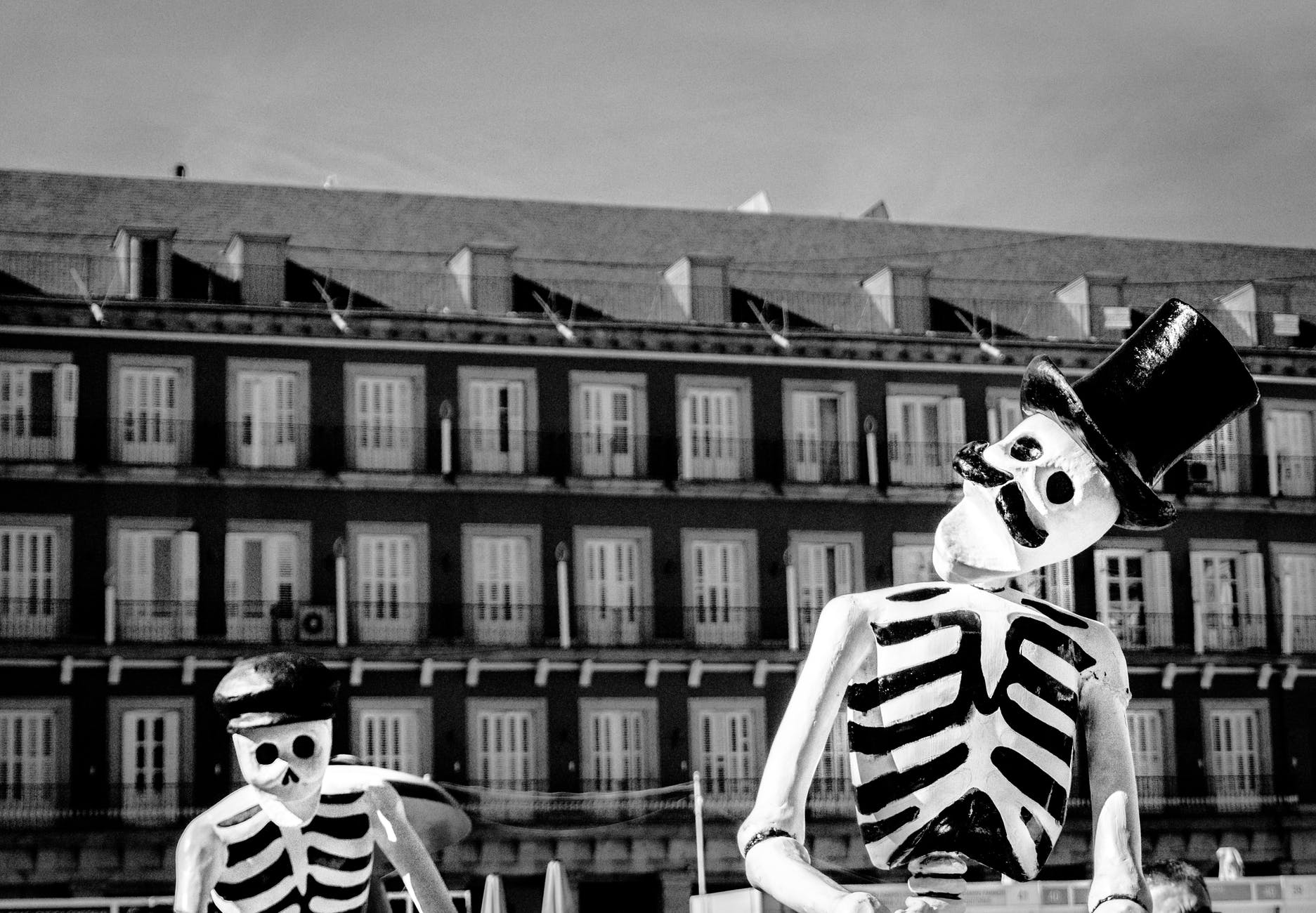 monochrome photo of two skeleton wearing hats